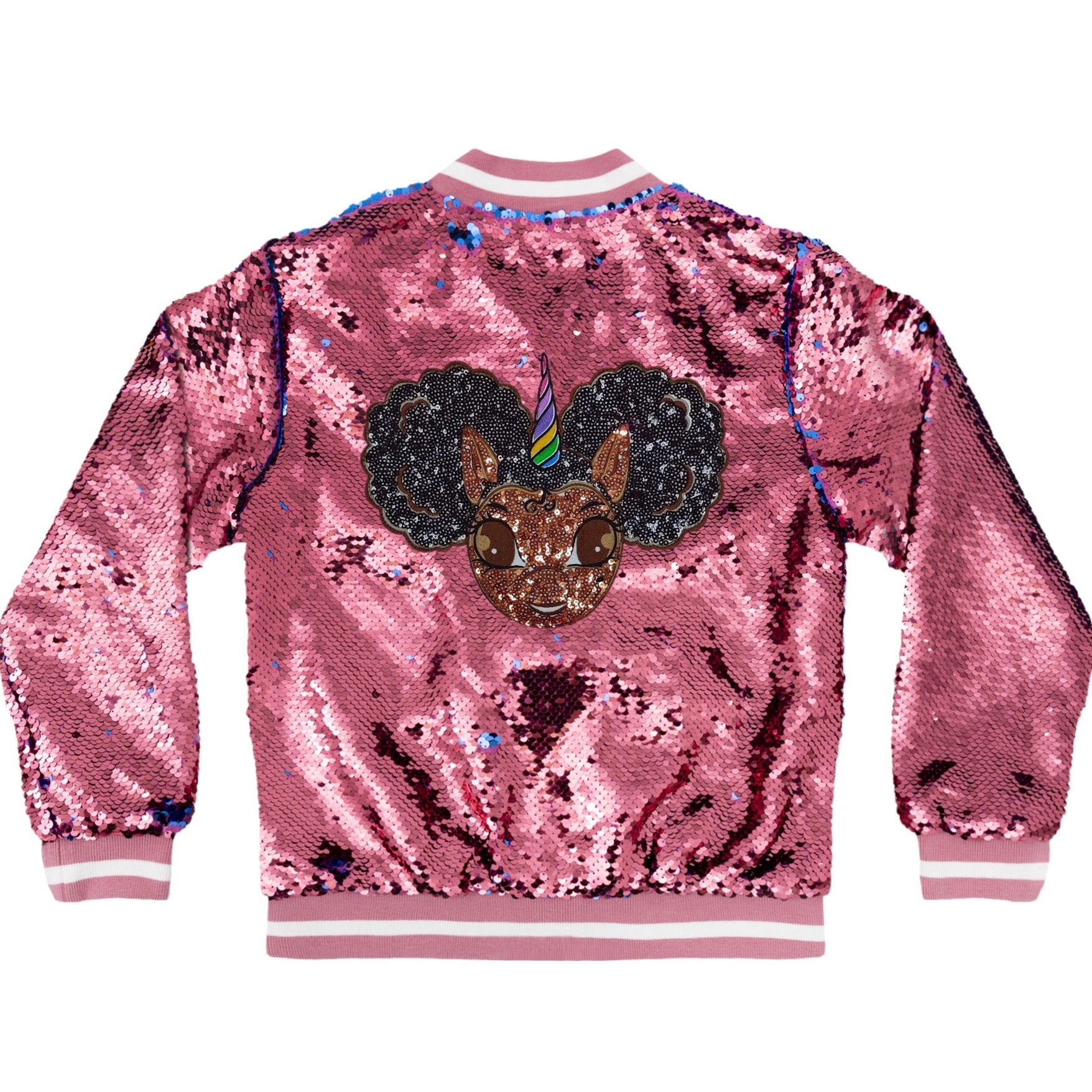 Sequin Jacket with Afro Puff Unicorn Studded Logo Patch - Bubblegum Pink | Berry Blue