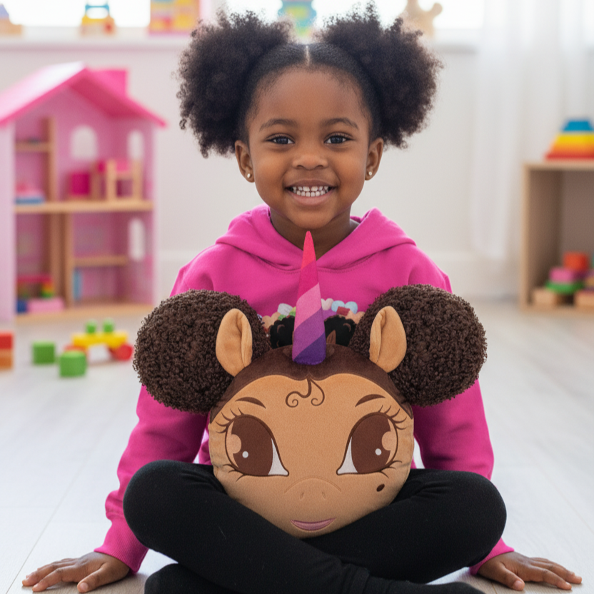Jumbo 20 inch Unicorn Pillow with Afro Puffs - Brown with Black Hair