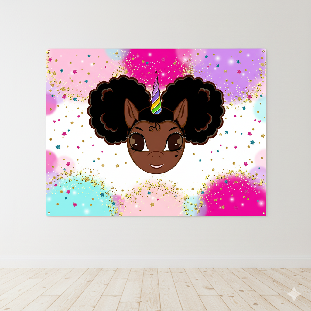 Favorite Faces Afro Puff Unicorn Birthday Party Backdrop and Tablecloth - 2 Piece Set