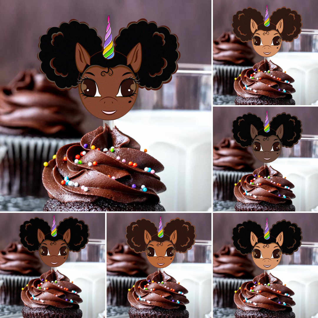 Afro Puff Unicorn Acrylic Cupcake Toppers - set of 25