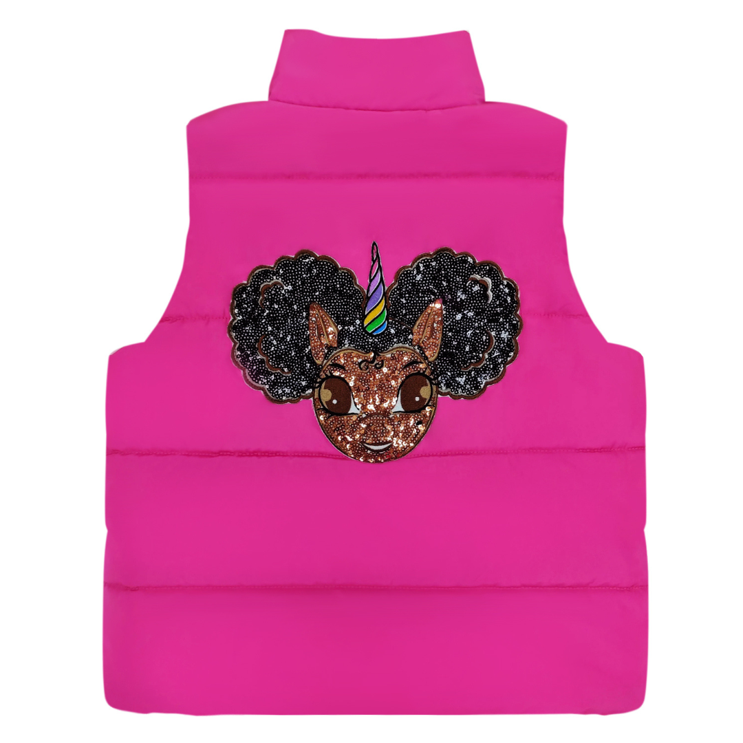Puffer Vest with Afro Puff Unicorn Studded Sequin Logo Patch