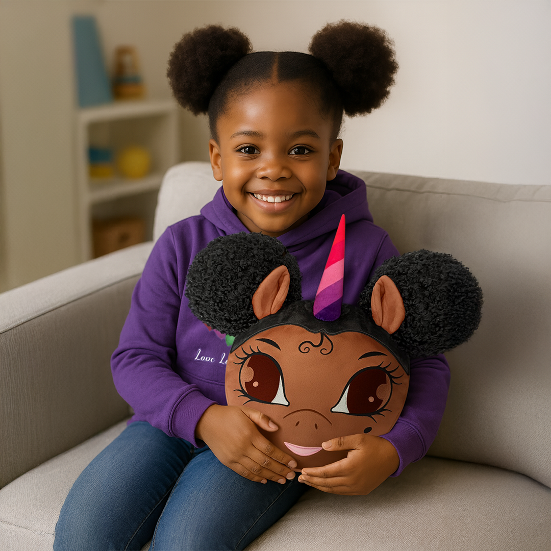 Jumbo 20 inch Unicorn Pillow with Afro Puffs - Brown with Black Hair