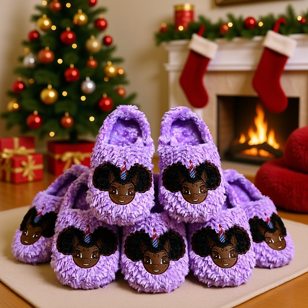 Signature Afro Puff Unicorn Princess Purple Plush Slipper - Light Brown with Brown Hair