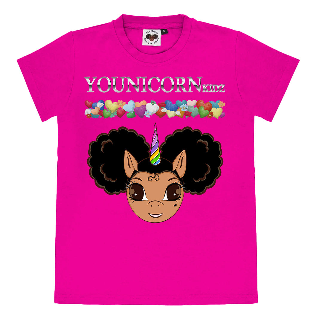 Afro Puff LOVE Logo Tee in Bubblegum Pink - Light Brown w/ Black Hair