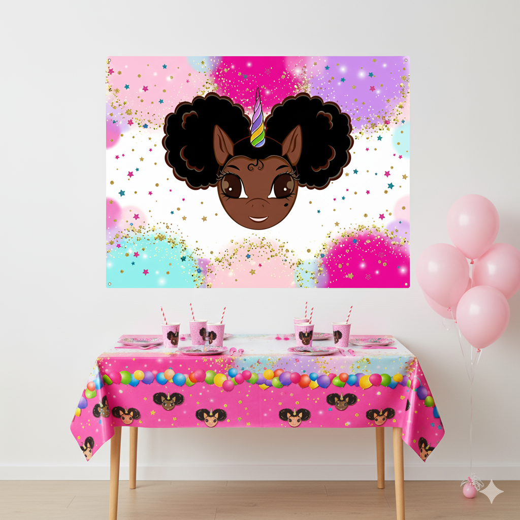 Favorite Faces Afro Puff Unicorn Birthday Party Backdrop and Tablecloth - 2 Piece Set