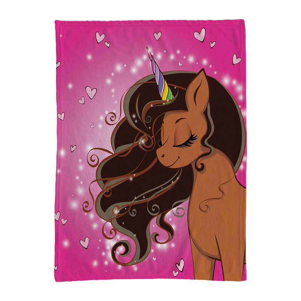 Sparkle Magic Oversized Unicorn Blanket -- Mocha Brown with Brown Hair in Bubblegum Pink