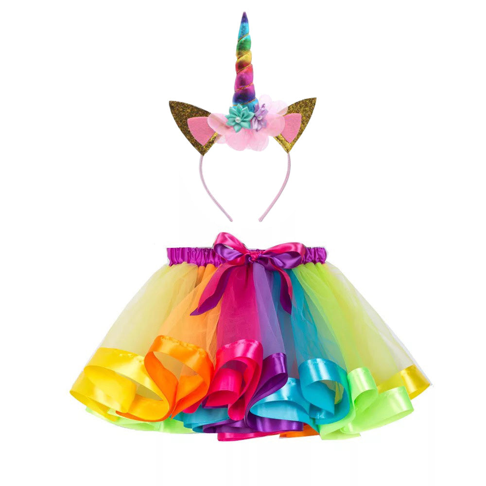 Layered Tulle Magical Tutu and Unicorn Headband Set - Rainbow with Gold Glitter Ears