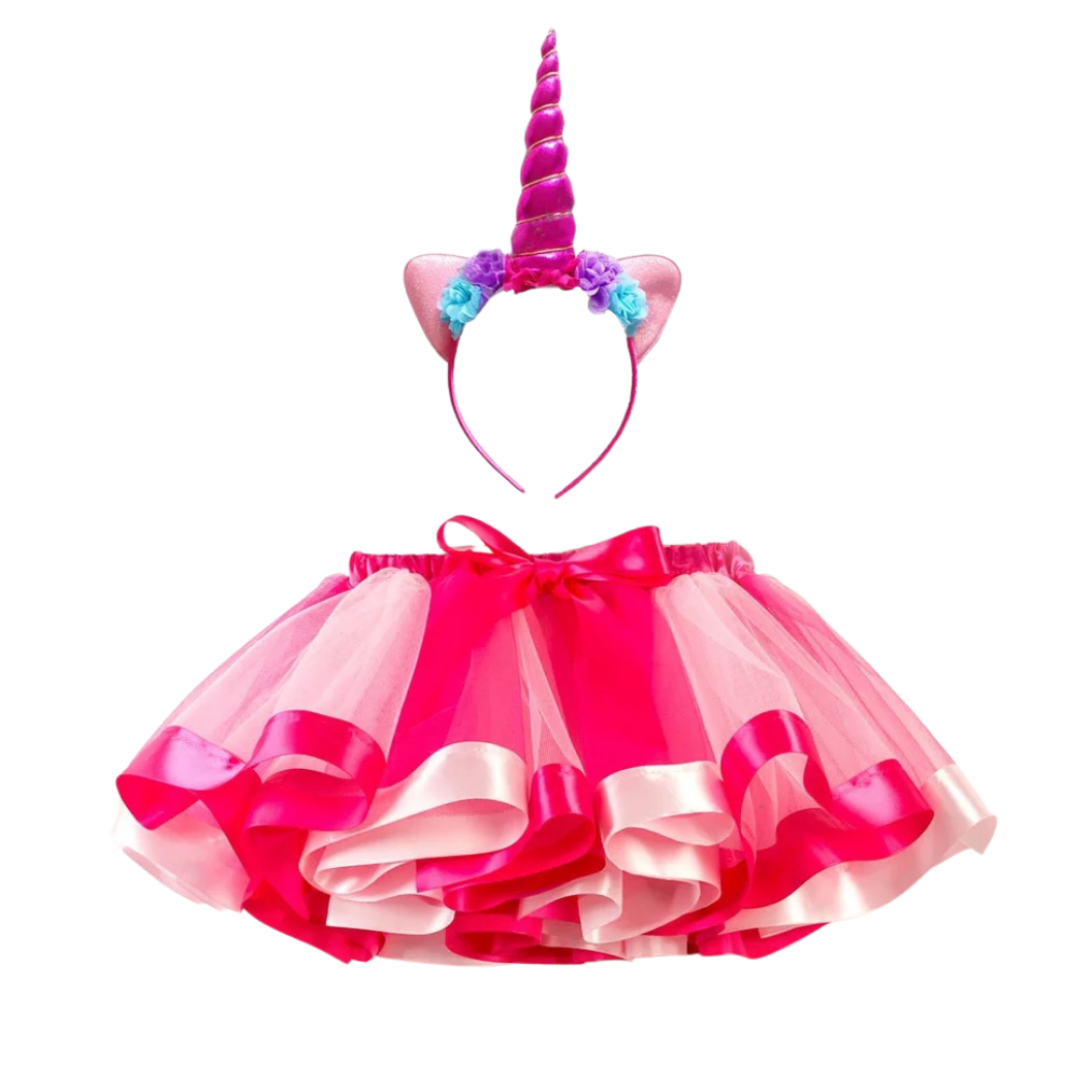 Layered Tulle Magical Tutu and Unicorn Headband Set - Pink Sorbet