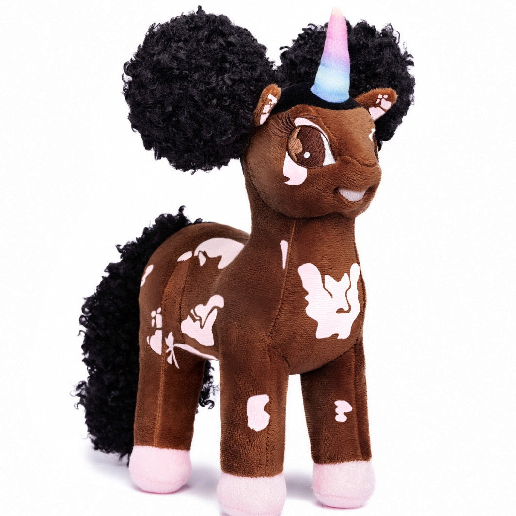 Dahlia, Vitiligo Unicorn Plush Toy with Afro Puffs - 12 inch