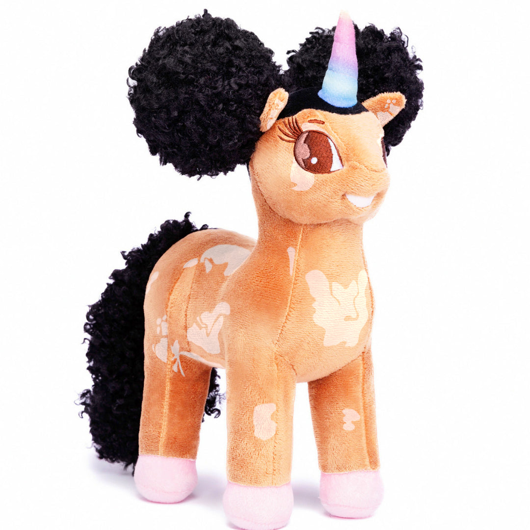Gabrielle, Vitiligo Unicorn Plush Toy with Afro Puffs - 12 inch