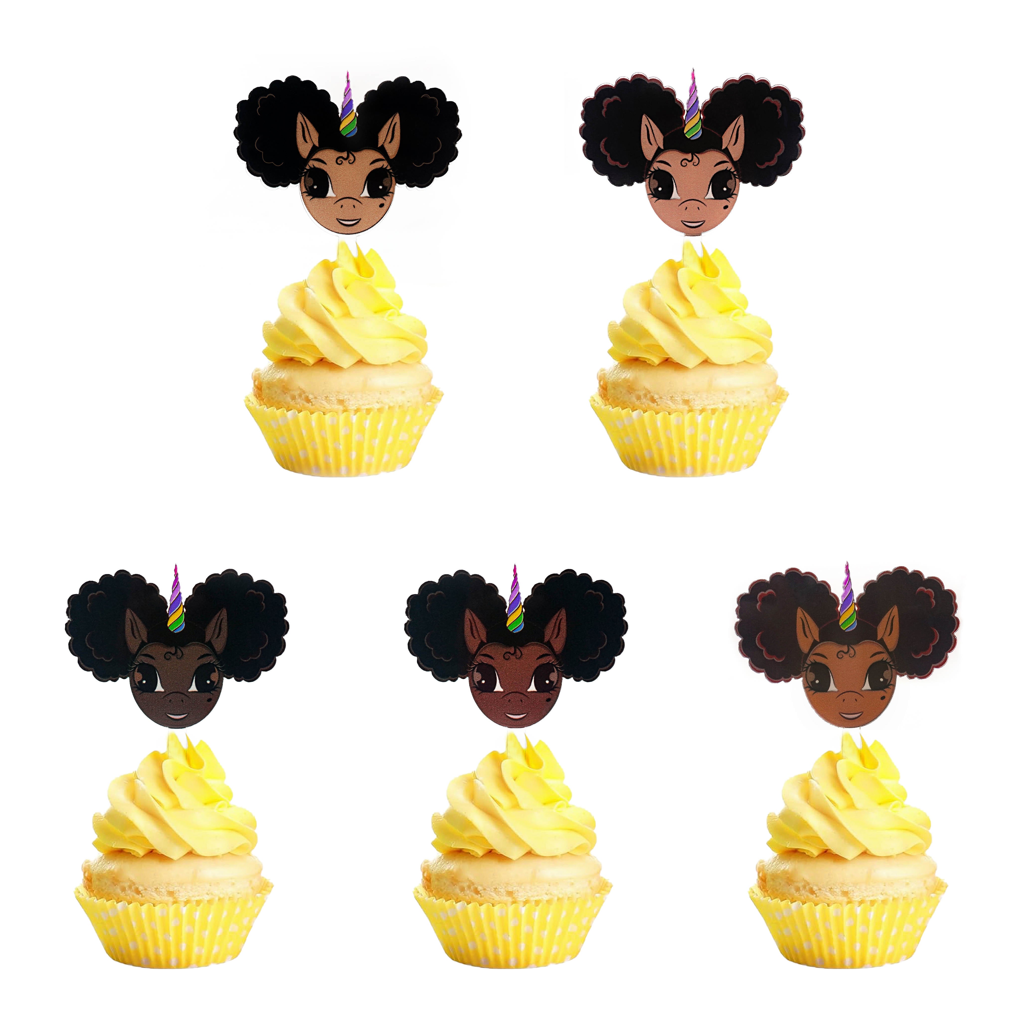 Afro Puff Unicorn Acrylic Cupcake Toppers - set of 25