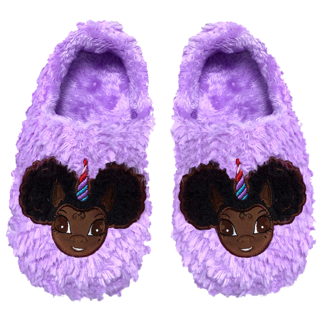 Signature Afro Puff Unicorn Princess Purple Plush Slipper - Dark Brown with Black Hair