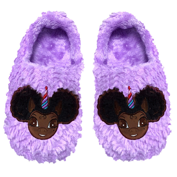 Signature Afro Puff Unicorn Princess Purple Plush Slipper - Dark Brown with Black Hair