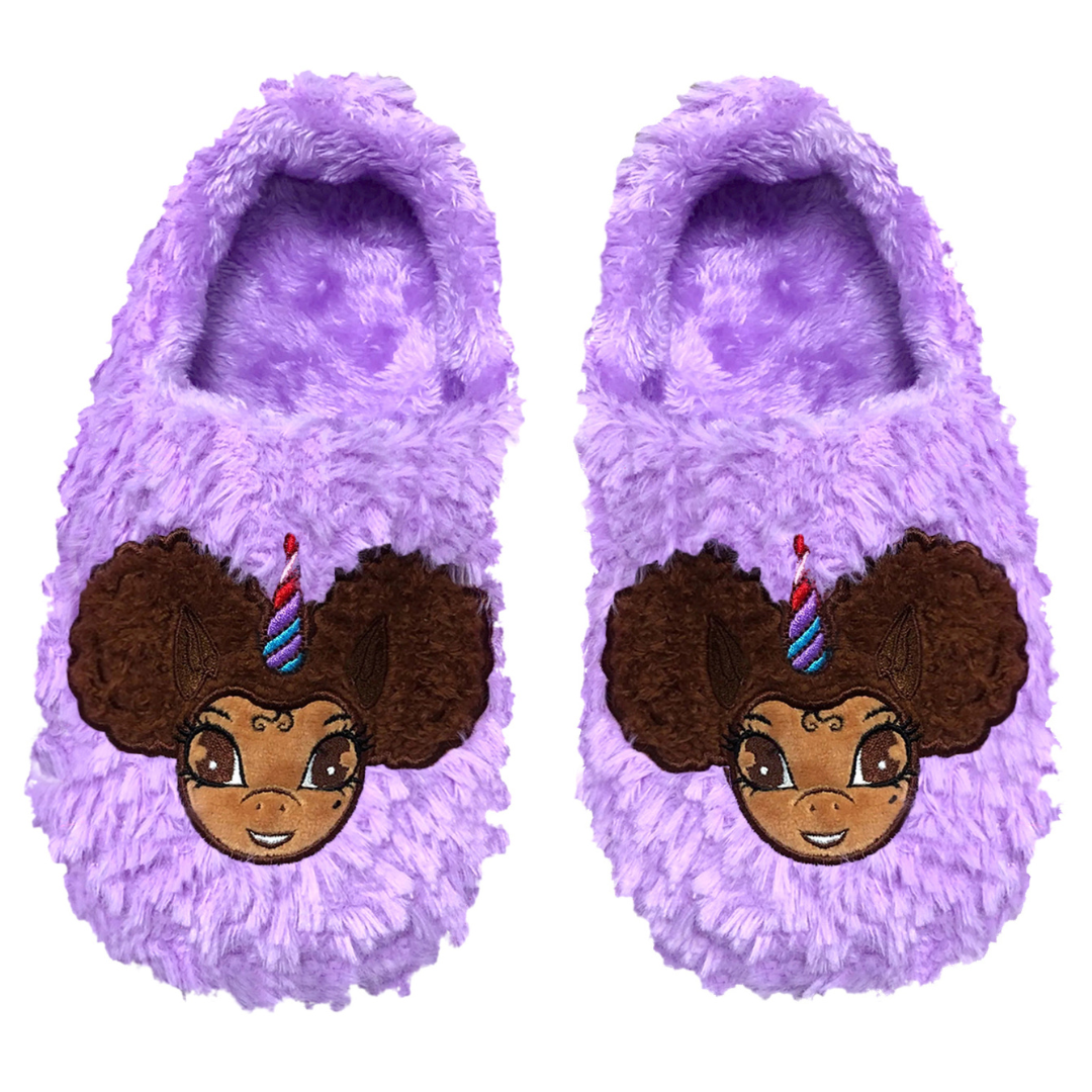 Signature Afro Puff Unicorn Princess Purple Plush Slipper - Light Brown with Brown Hair