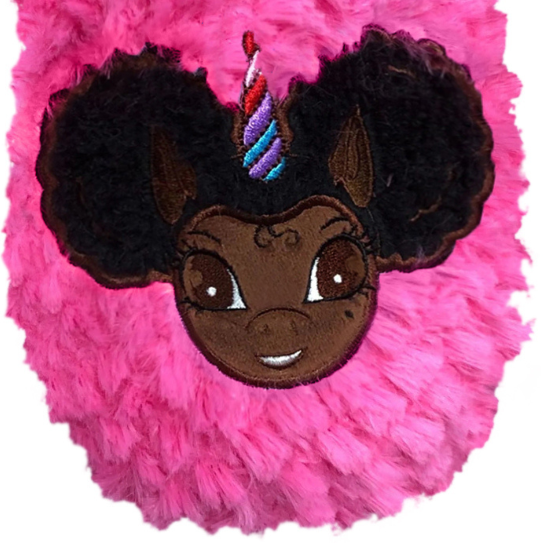 Signature Afro Puff Unicorn Hot Pink Plush Slipper - Dark Brown with Black Hair