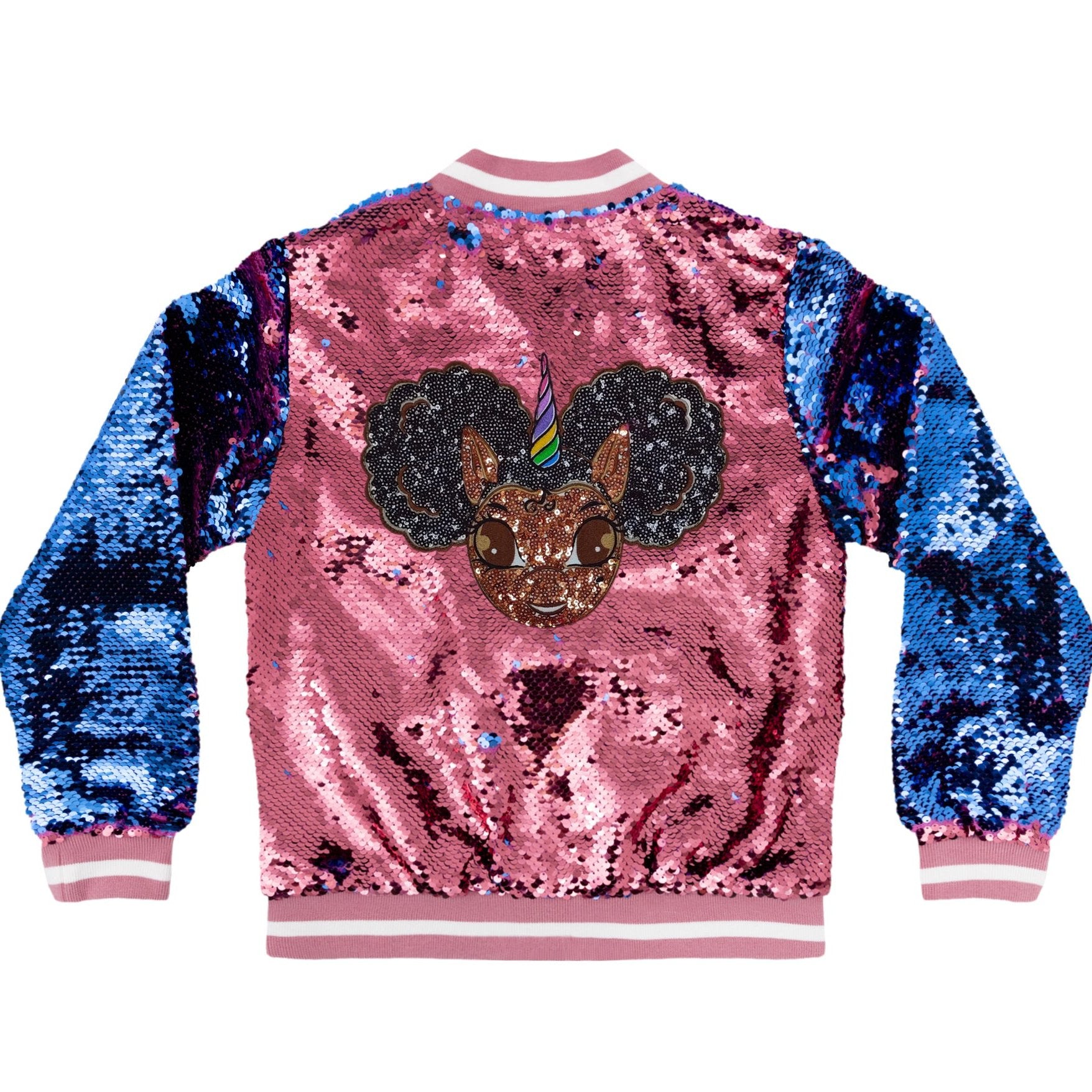 Sequin Jacket with Afro Puff Unicorn Studded Logo Patch - Bubblegum Pink | Berry Blue