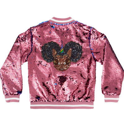 Sequin Jacket with Afro Puff Unicorn Studded Logo Patch - Bubblegum Pink | Berry Blue