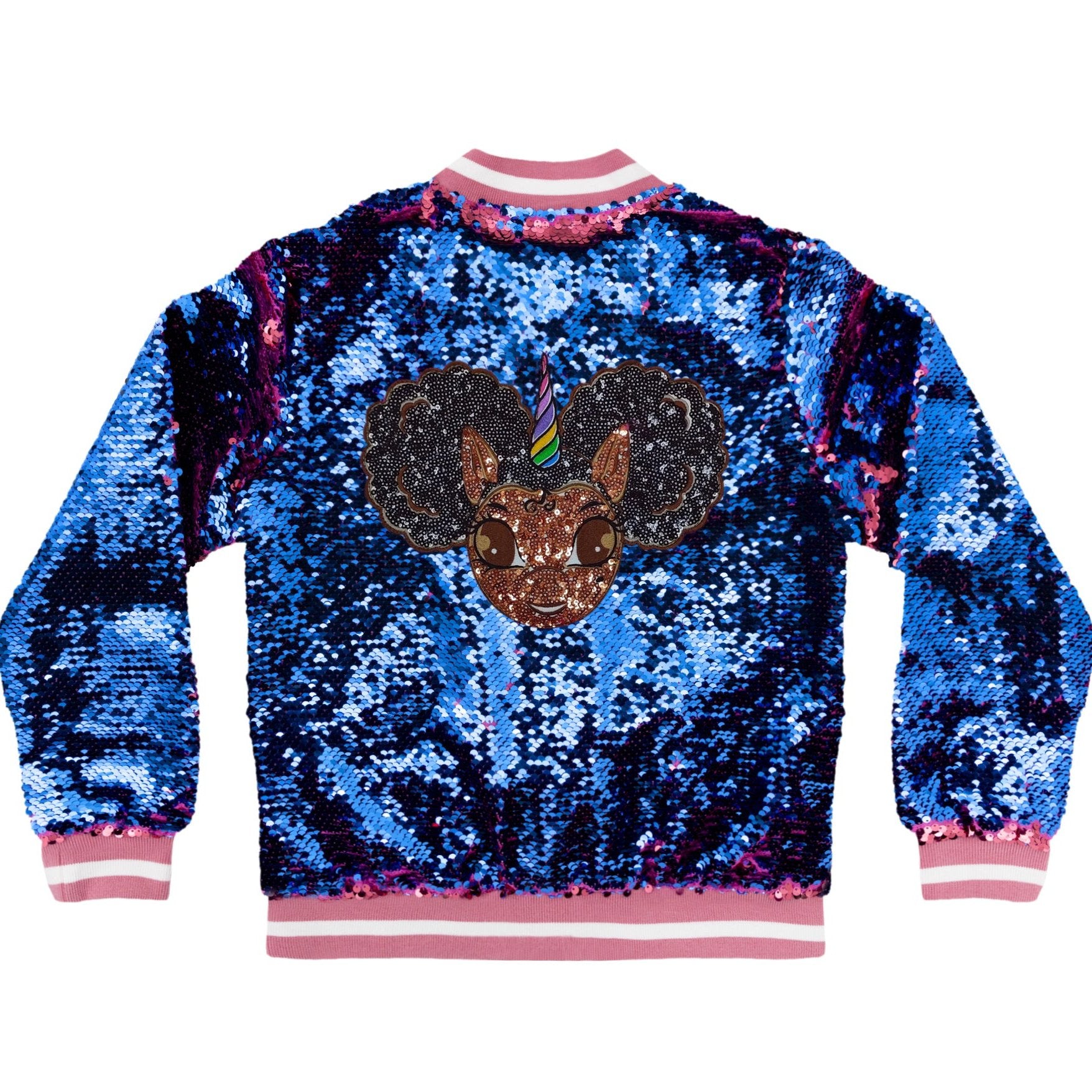 Sequin Jacket with Afro Puff Unicorn Studded Logo Patch - Bubblegum Pink | Berry Blue