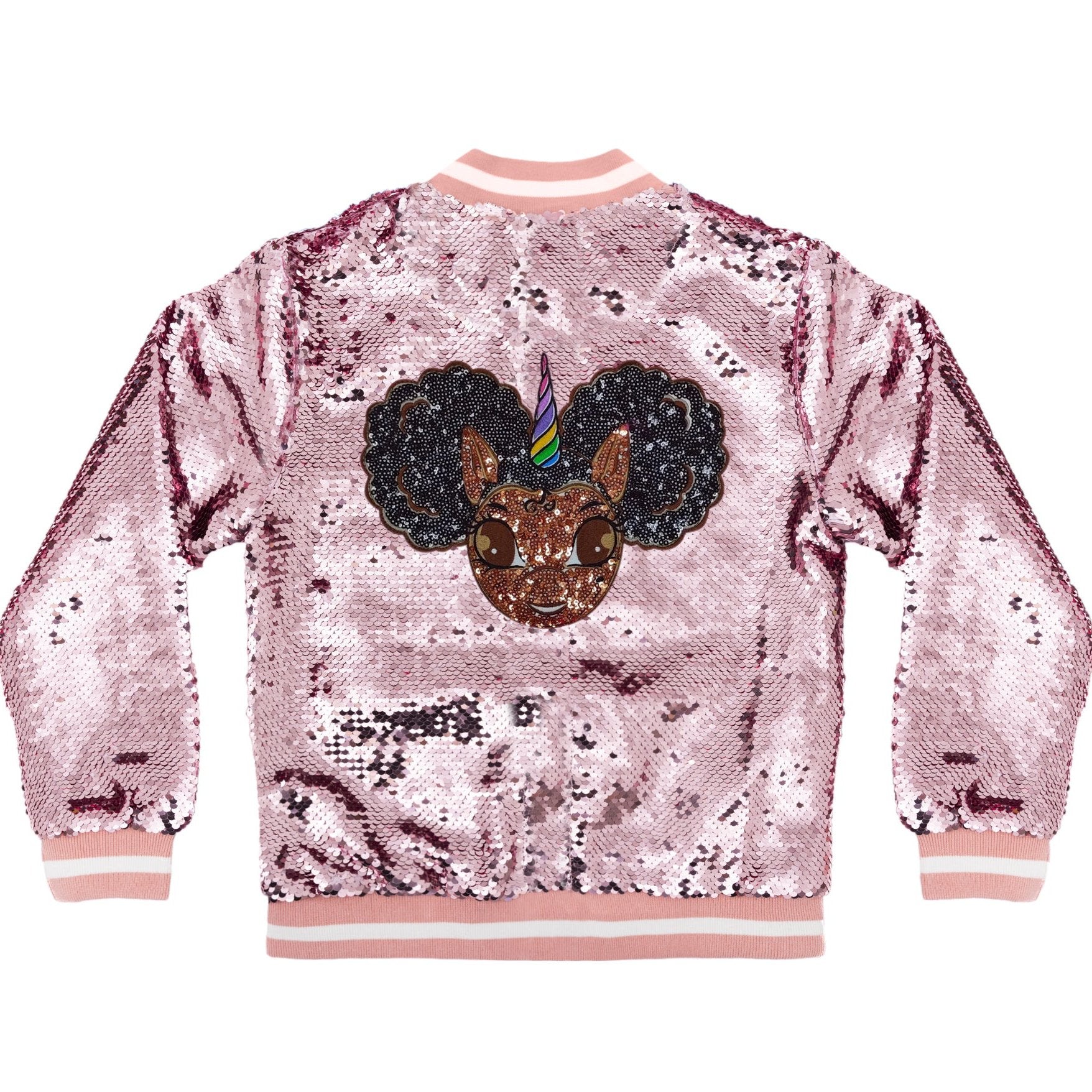 Sequin Jacket with Afro Puff Unicorn Studded Logo Patch - Sparkle Pink