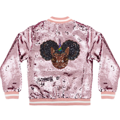 Sequin Jacket with Afro Puff Unicorn Studded Logo Patch - Sparkle Pink