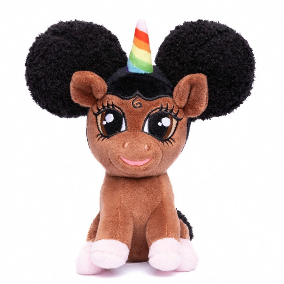Baby Chloe, Black Unicorn Plush Toy with Afro Puffs (sitting) 6 inch