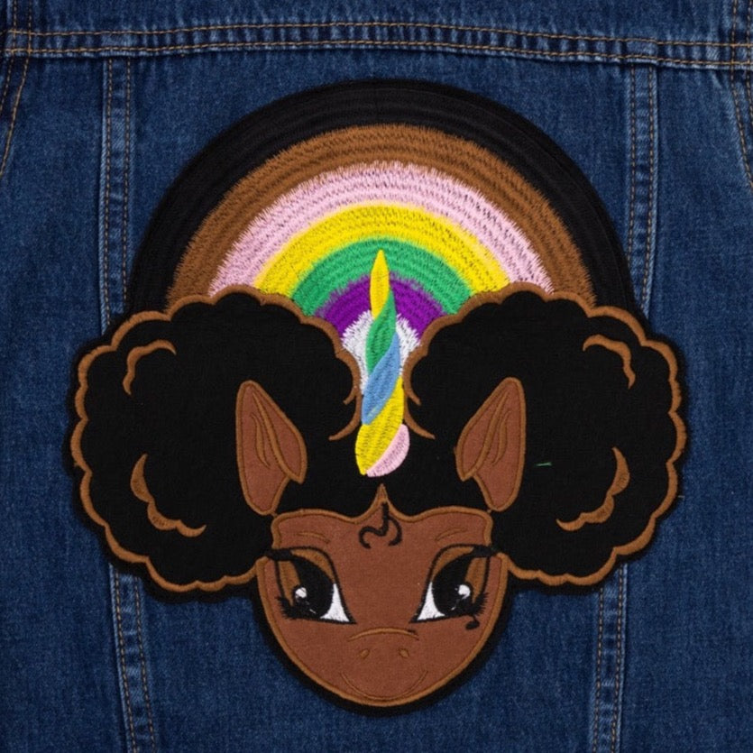 Chocolate Rainbows Embroidered Denim Jacket with Patch - Dark Stonewash
