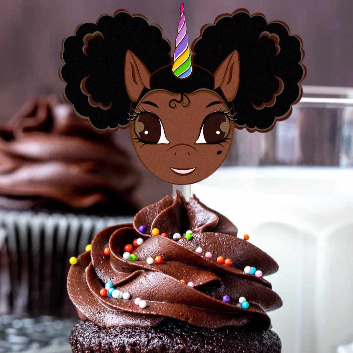 Afro Puff Unicorn Acrylic Cupcake Toppers - set of 25