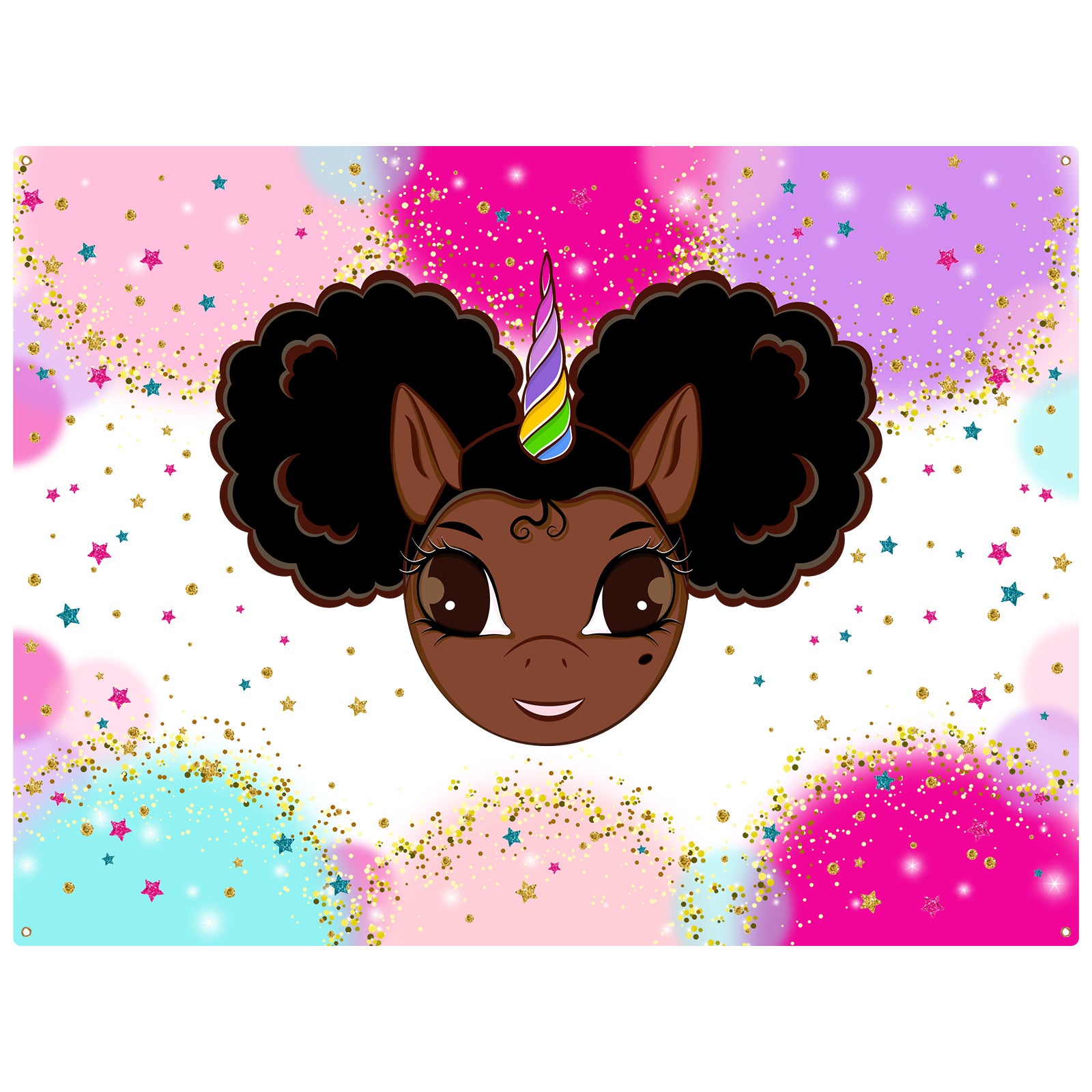 Favorite Faces Afro Puff Unicorn Birthday Party Backdrop and Tablecloth - 2 Piece Set