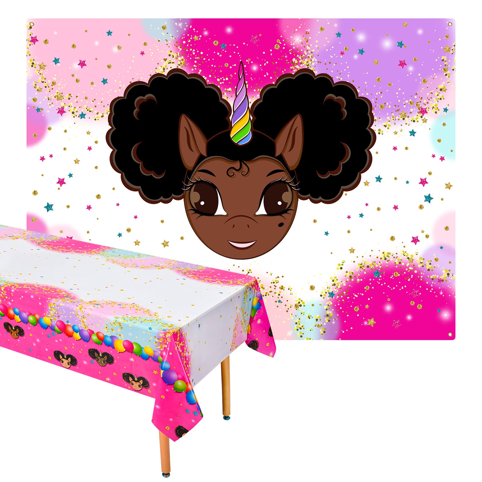 Favorite Faces Afro Puff Unicorn Birthday Party Backdrop and Tablecloth - 2 Piece Set