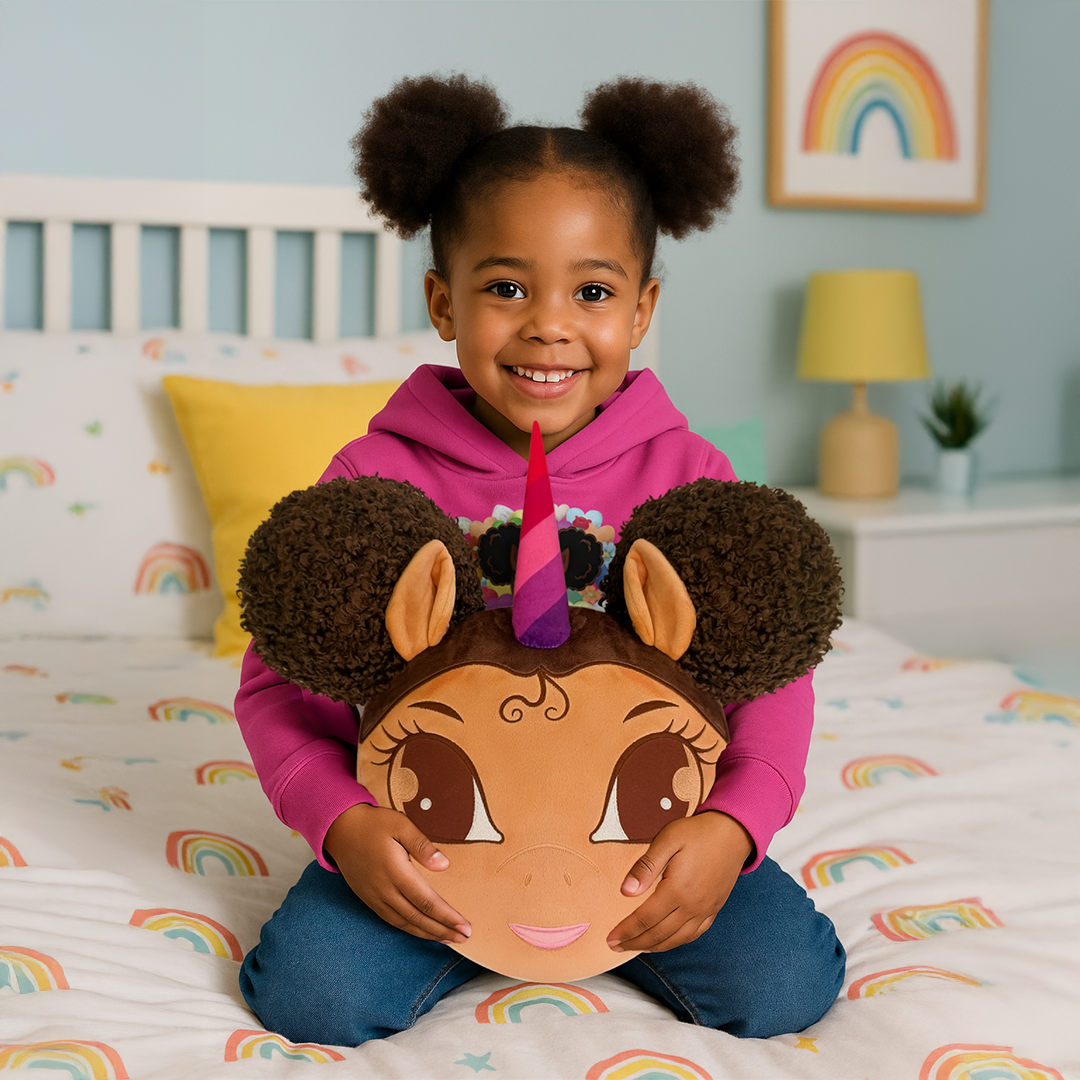 Jumbo 20 inch Unicorn Pillow with Afro Puffs - Light Brown with Brown Hair