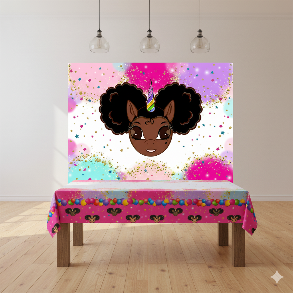 Favorite Faces Afro Puff Unicorn Birthday Party Backdrop and Tablecloth - 2 Piece Set