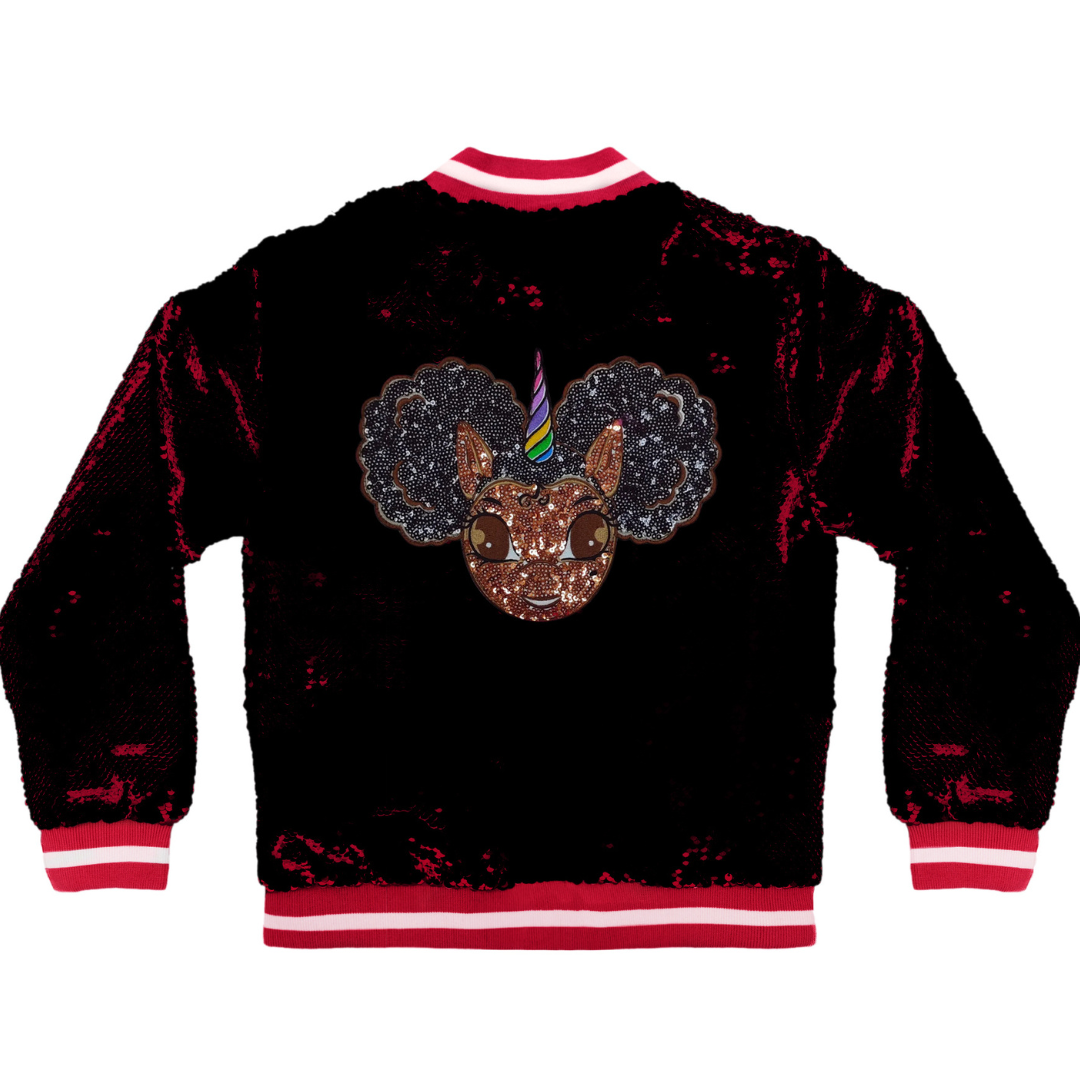 Sequin Jacket with Afro Puff Unicorn Studded Logo Patch - Red | Black