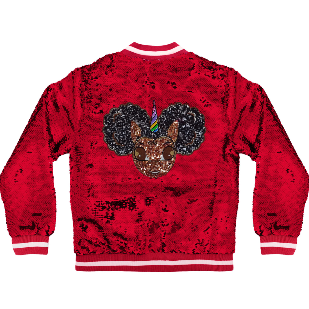 Sequin Jacket with Afro Puff Unicorn Studded Logo Patch - Red | Black