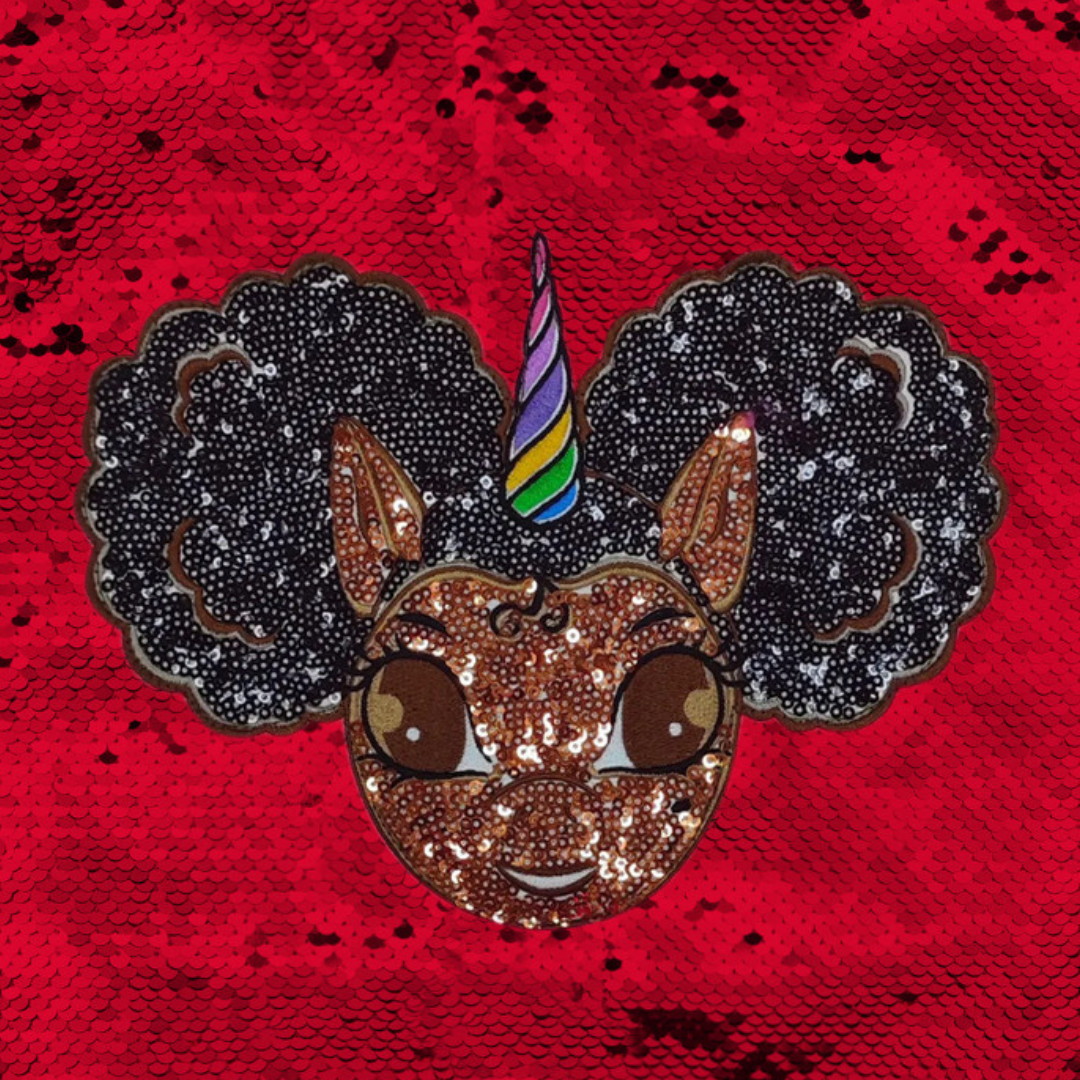 Sequin Jacket with Afro Puff Unicorn Studded Logo Patch - Red | Black