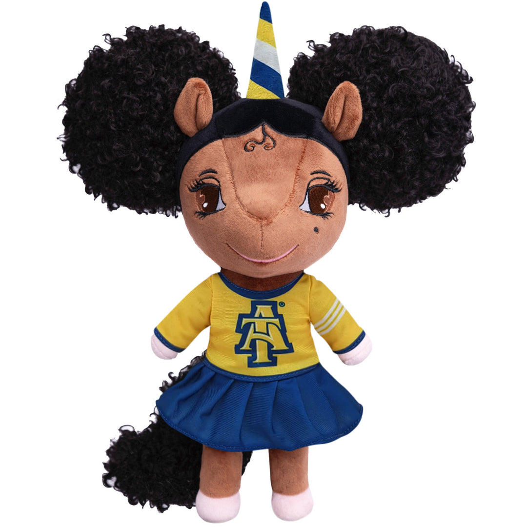 North Carolina A&T University Unicorn Doll with Afro Puffs (A&T Logo) - 14 inch
