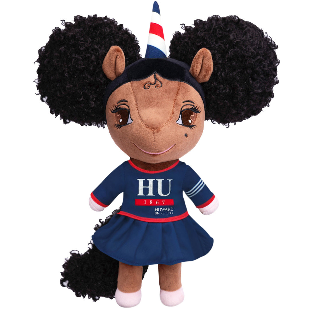 Howard University (HU Logo) Unicorn Doll with Afro Puffs - 14 inch