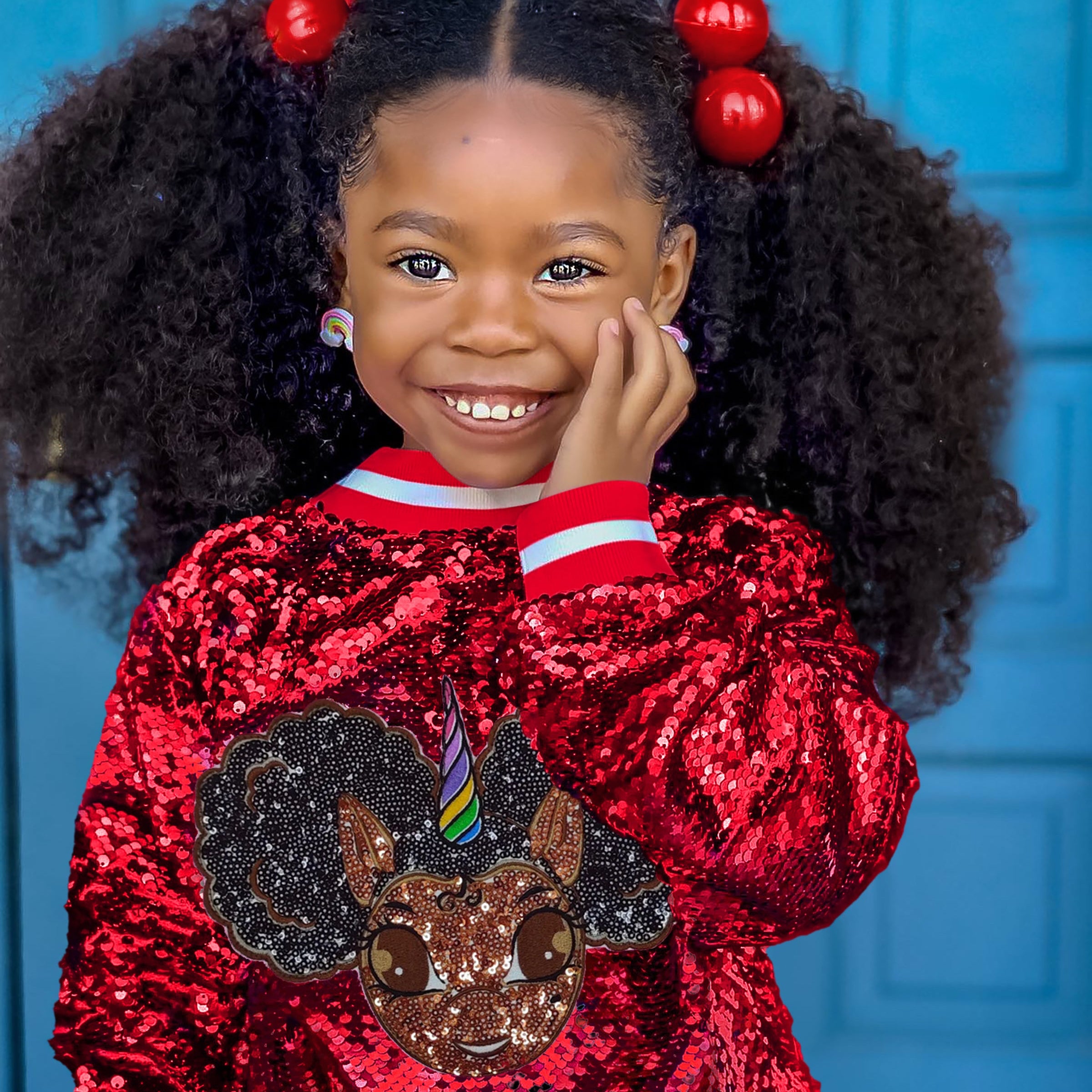 Sequin Jacket with Afro Puff Unicorn Studded Logo Patch - Red | Black