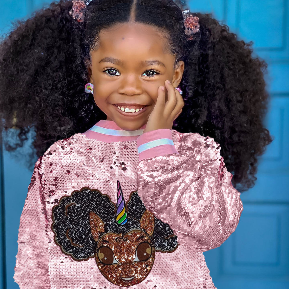 Sequin Jacket with Afro Puff Unicorn Studded Logo Patch Sparkle Pink