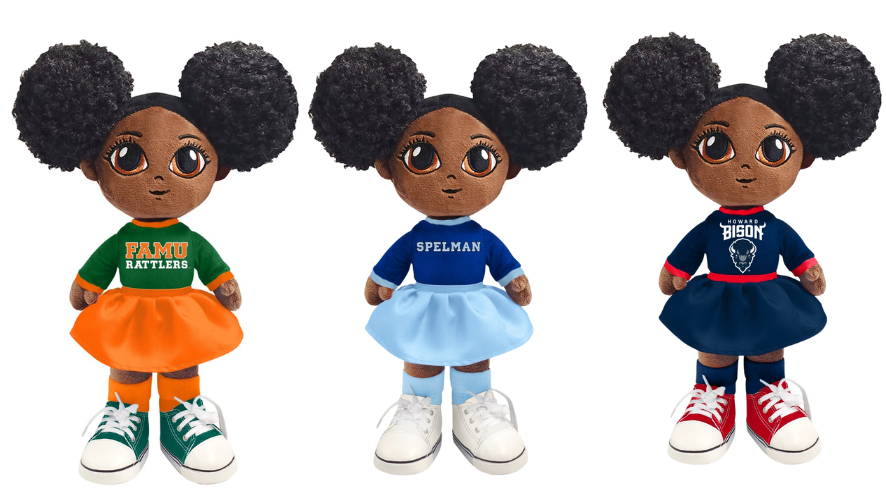 Four dolls with different outfits and accessories, labeled 'Alma Mater Daughter'.