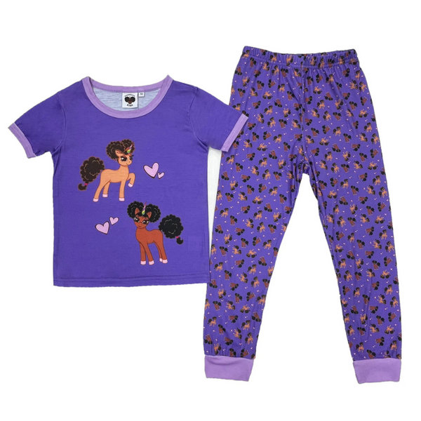 Heart Throb Short Sleeve | Long Bottom Pajama Set - Bubblegum Purple Princess Print