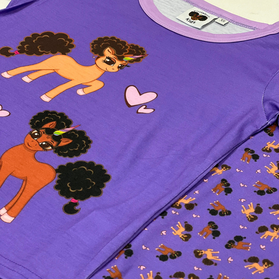 Heart Throb Short Sleeve | Long Bottom Pajama Set - Bubblegum Purple Princess Print