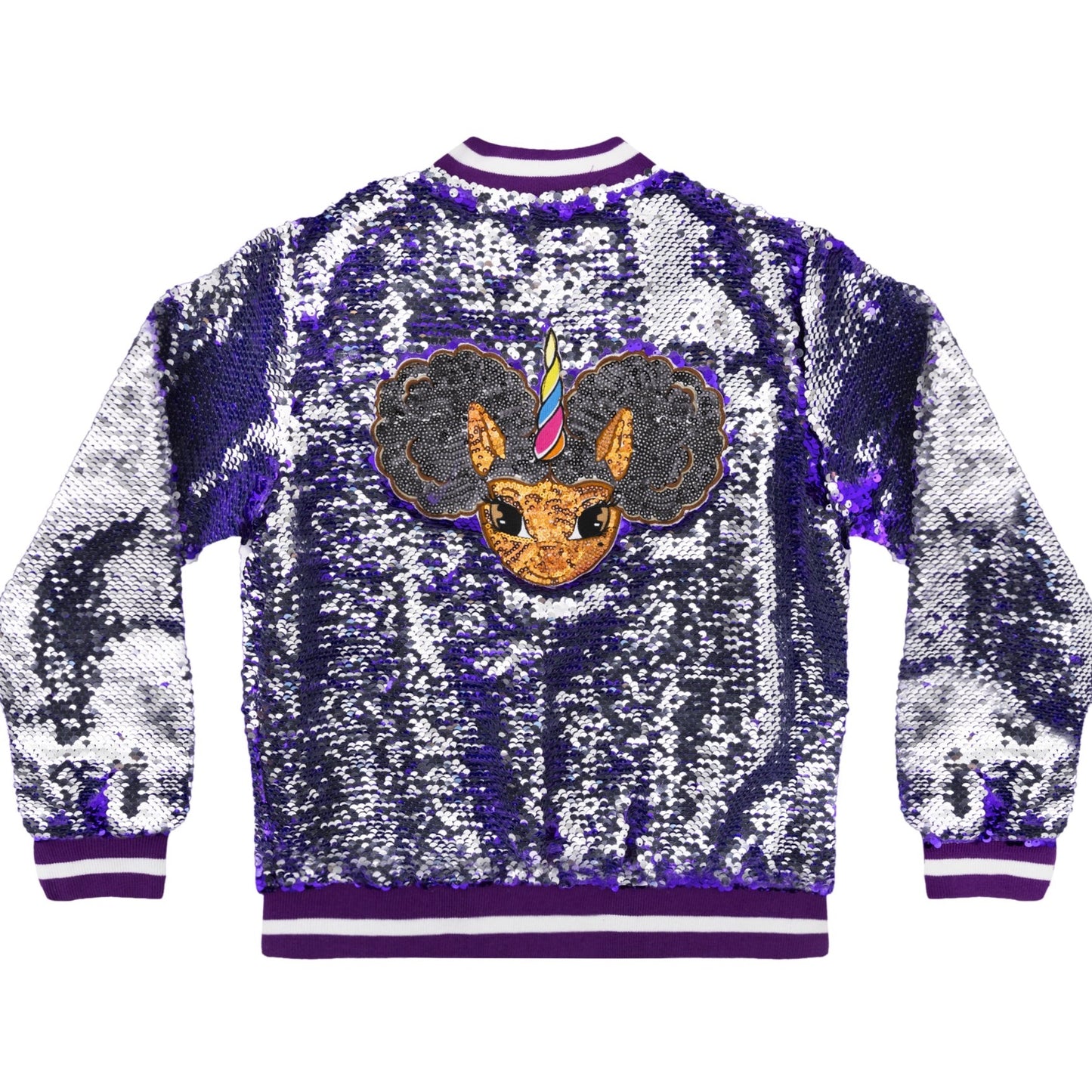 Load image into Gallery viewer, Sequin Jacket with Afro Puff Unicorn Studded Logo Patch - Pop Star Purple
