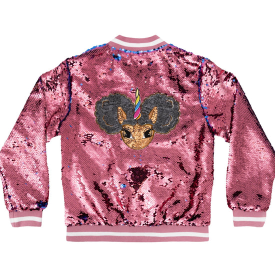 Sequin Jacket with Afro Puff Unicorn Studded Logo Patch - Bubblegum Pink | Berry Blue
