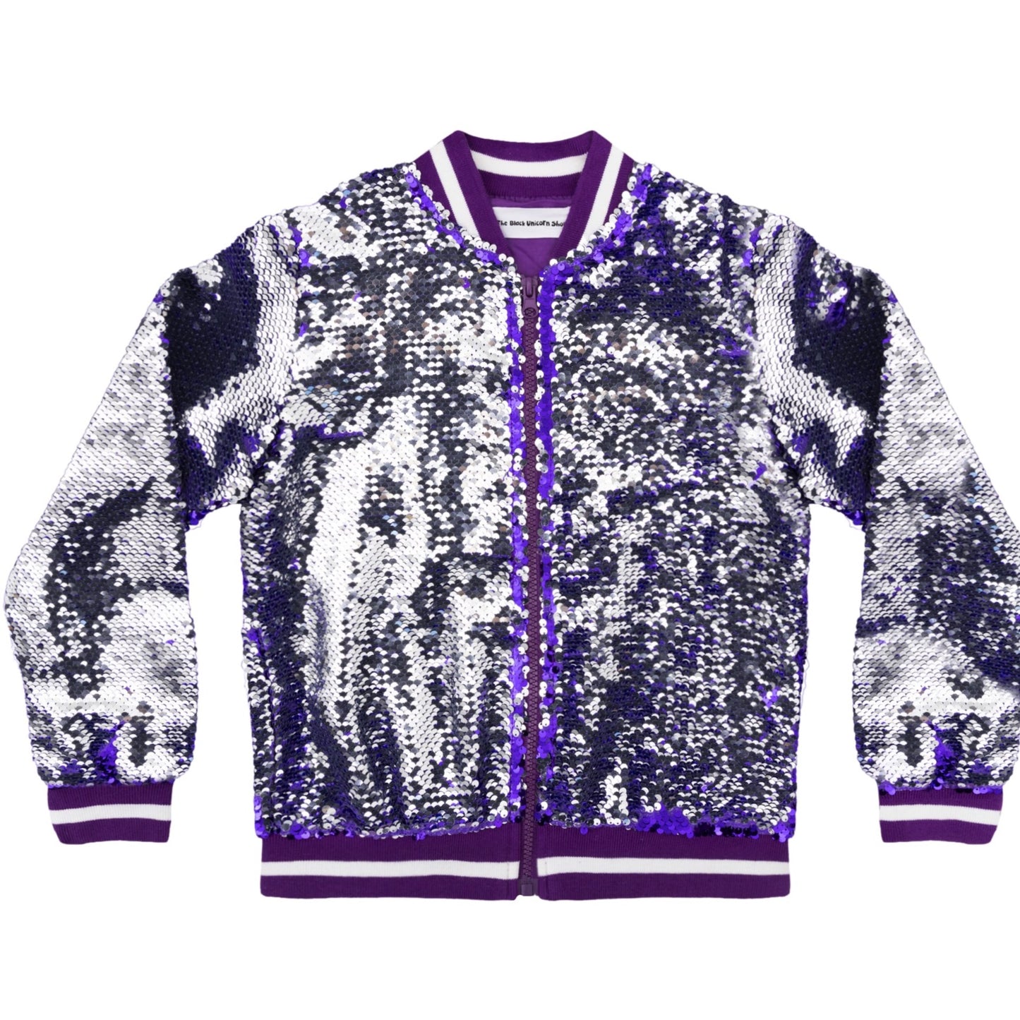 Load image into Gallery viewer, Sequin Jacket with Afro Puff Unicorn Studded Logo Patch - Pop Star Purple
