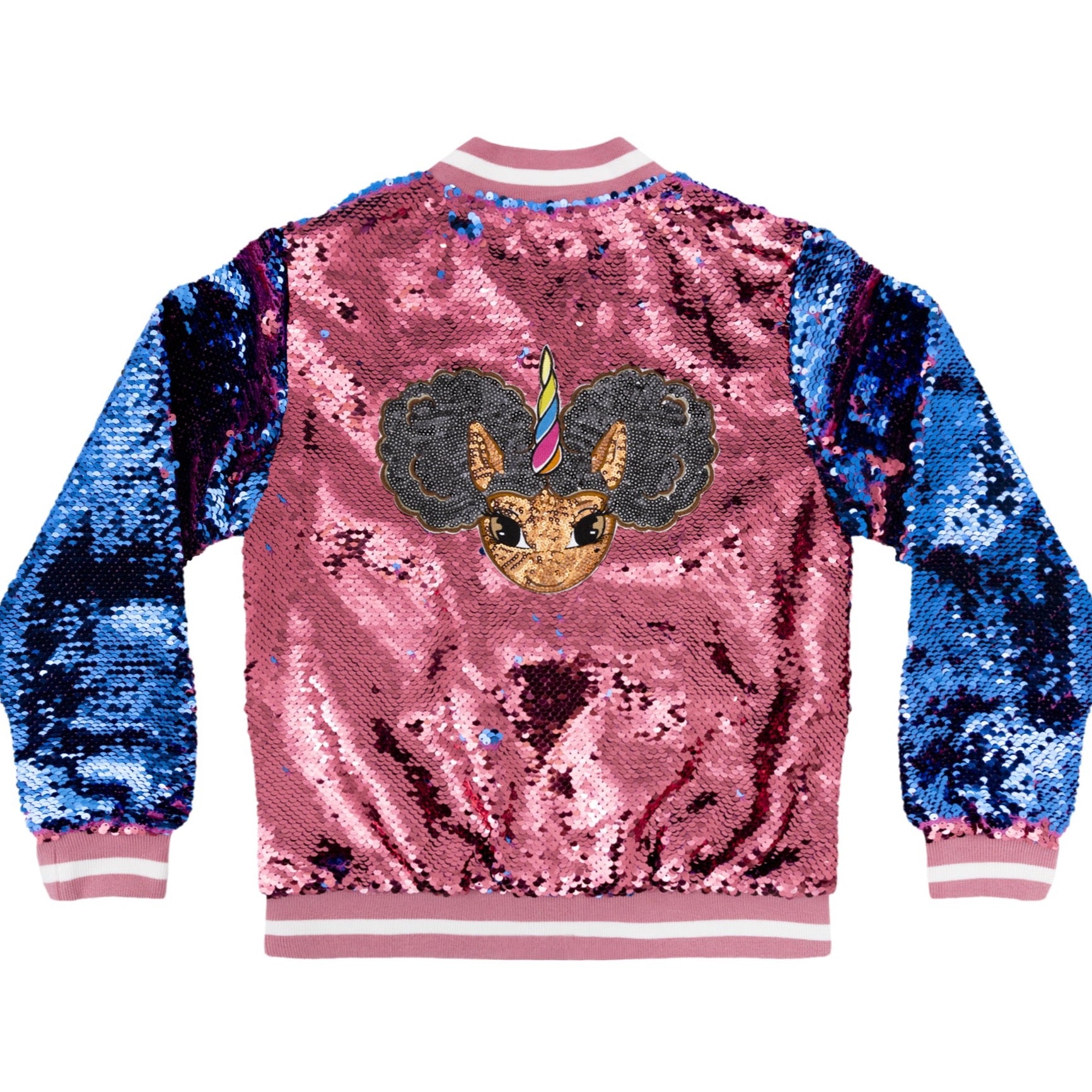 Sequin Jacket with Afro Puff Unicorn Studded Logo Patch - Bubblegum Pink | Berry Blue