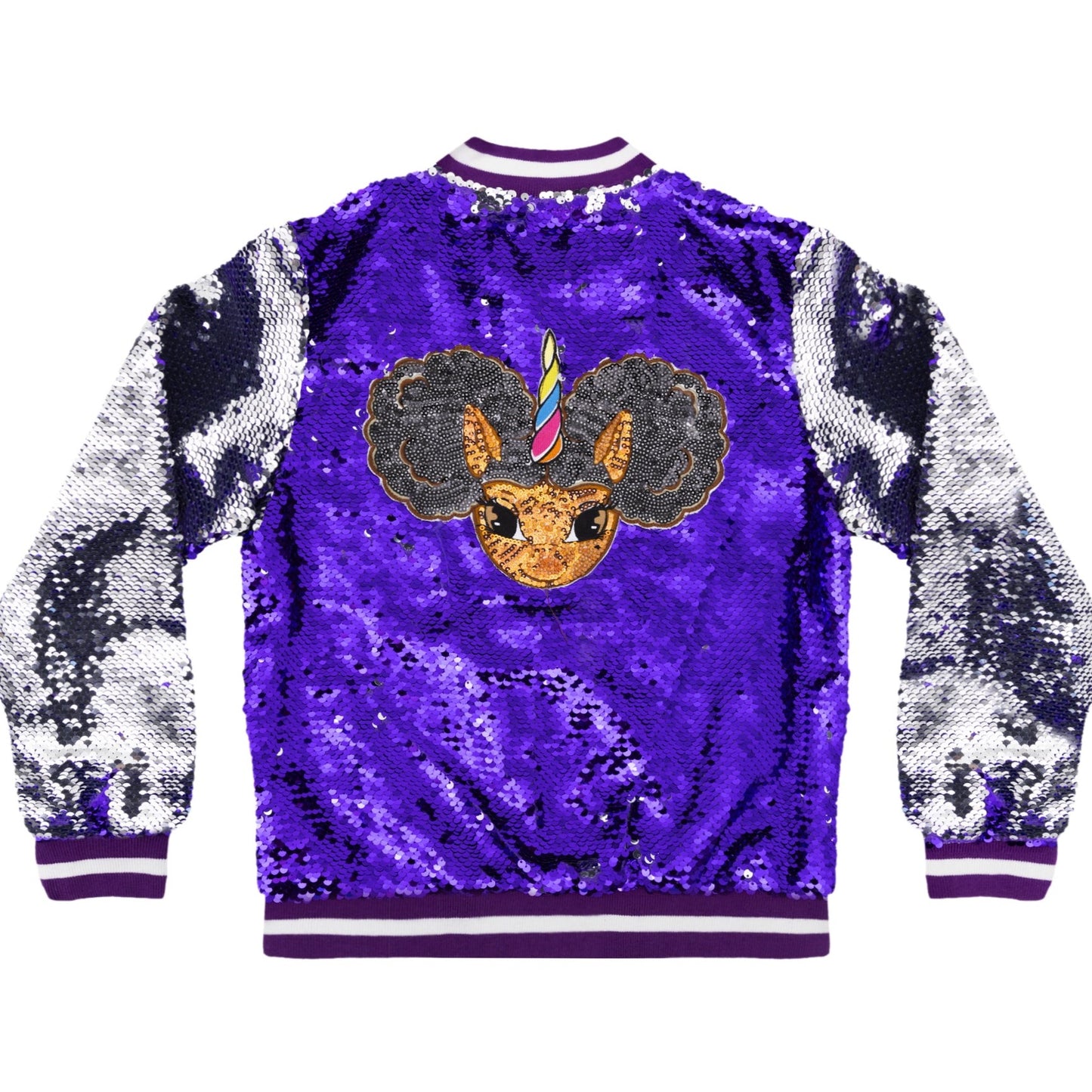 Sequin Jacket with Afro Puff Unicorn Studded Logo Patch - Pop Star Purple