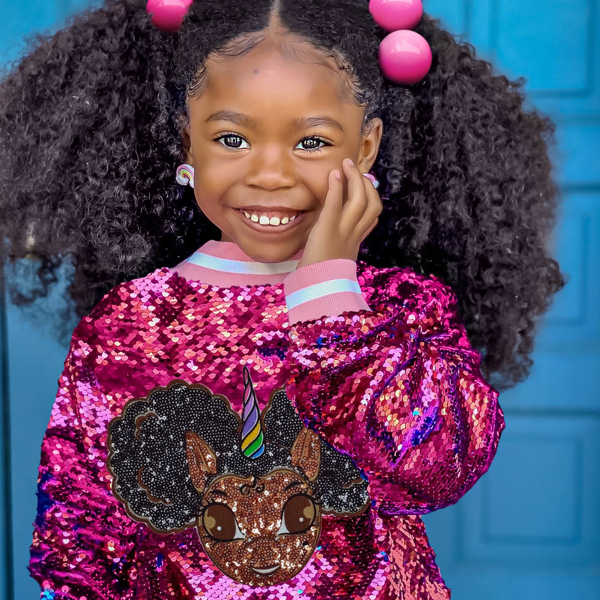 Sequin Jacket with Afro Puff Unicorn Studded Logo Patch - Bubblegum Pink | Berry Blue
