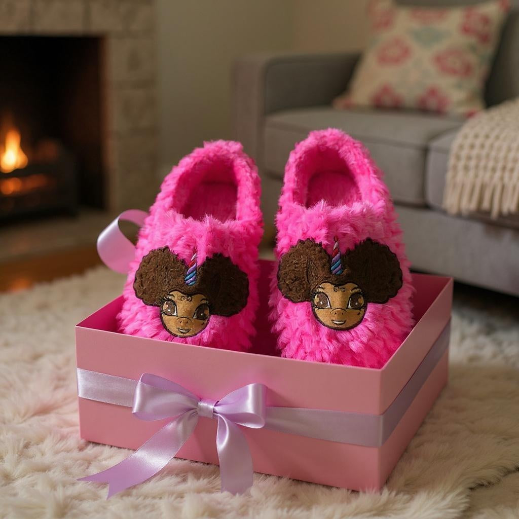 Signature Afro Puff Unicorn Hot Pink Plush Slipper - Light Brown with Brown Hair