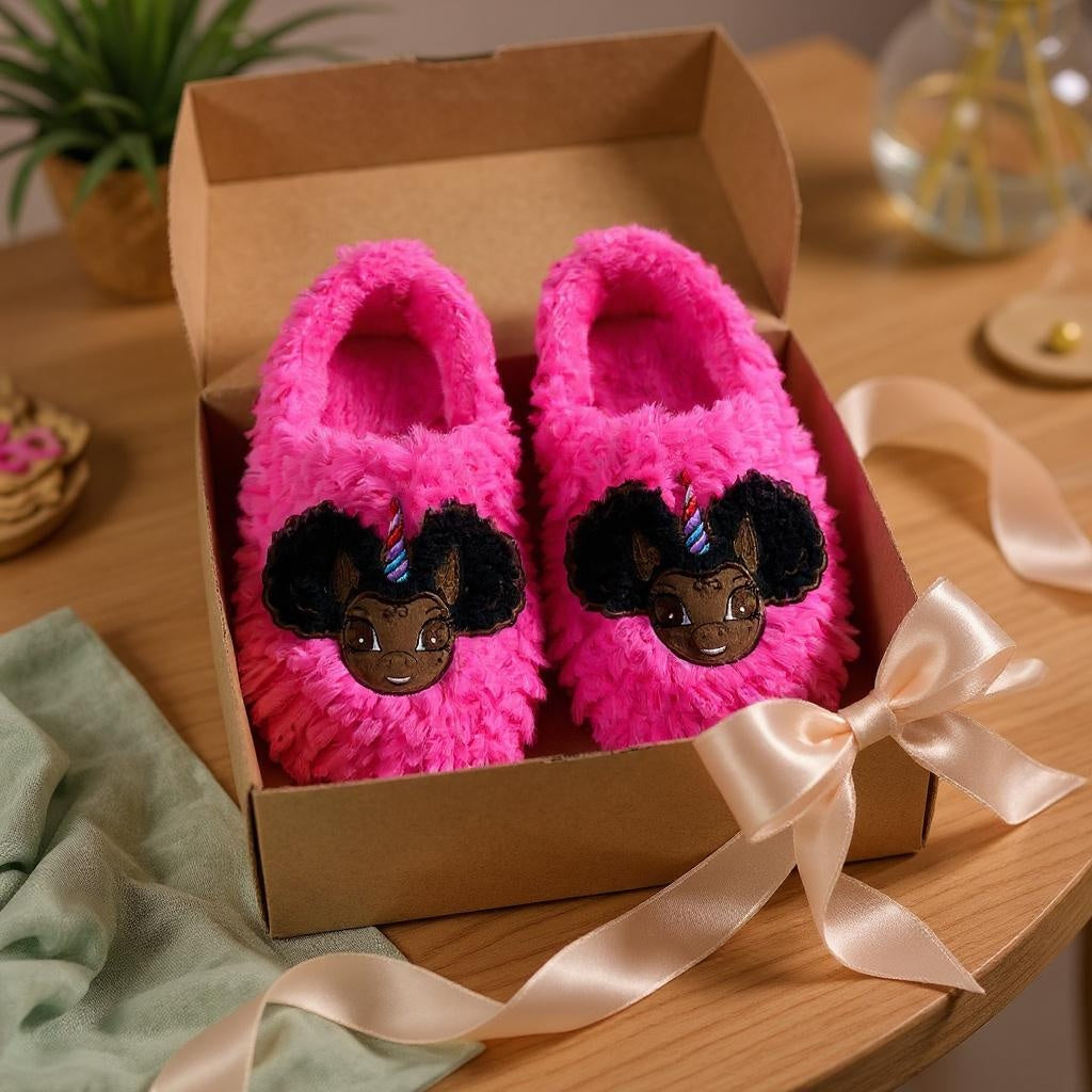 Signature Afro Puff Unicorn Hot Pink Plush Slipper - Dark Brown with Black Hair