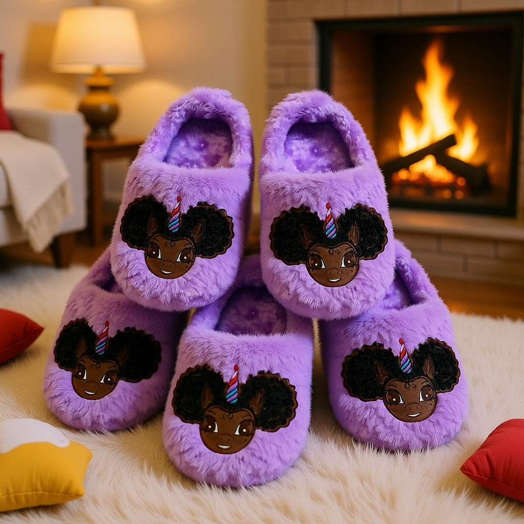 Signature Afro Puff Unicorn Princess Purple Plush Slipper - Dark Brown with Black Hair